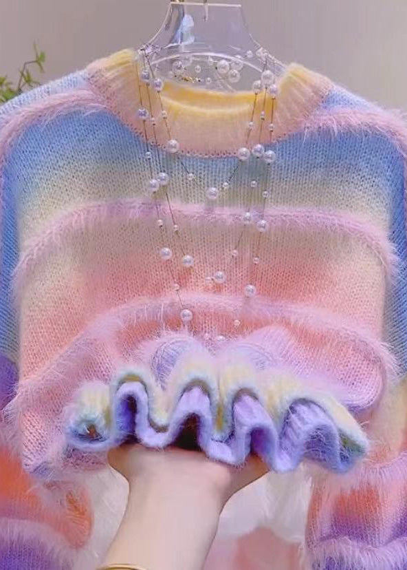 Stilvoller Farbverlauf Grün O-Ausschnitt Gestreifter Gemütlicher Baumwoll-Strickpullover Winter RK014