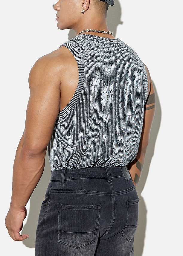 Débardeur sans manches confortable et élégant en velours gris léopard pour homme en soie