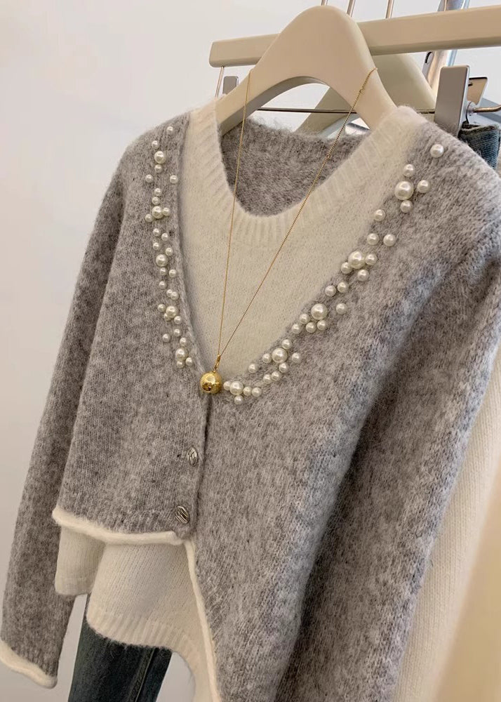 Stilvolle Grau Perle Falsche Zwei Stücke Stricken Pullover Winter WX016