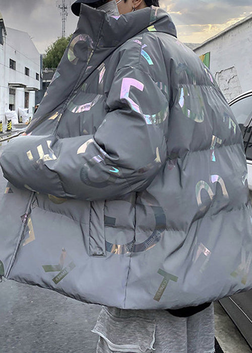 Parka d'hiver grise élégante avec fermeture éclair et poches imprimées pour homme RM005