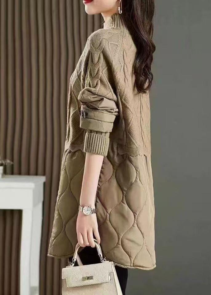 Stilvolle Khaki High Neck Dicken Patchwork Strick Pullover Herbst QL045