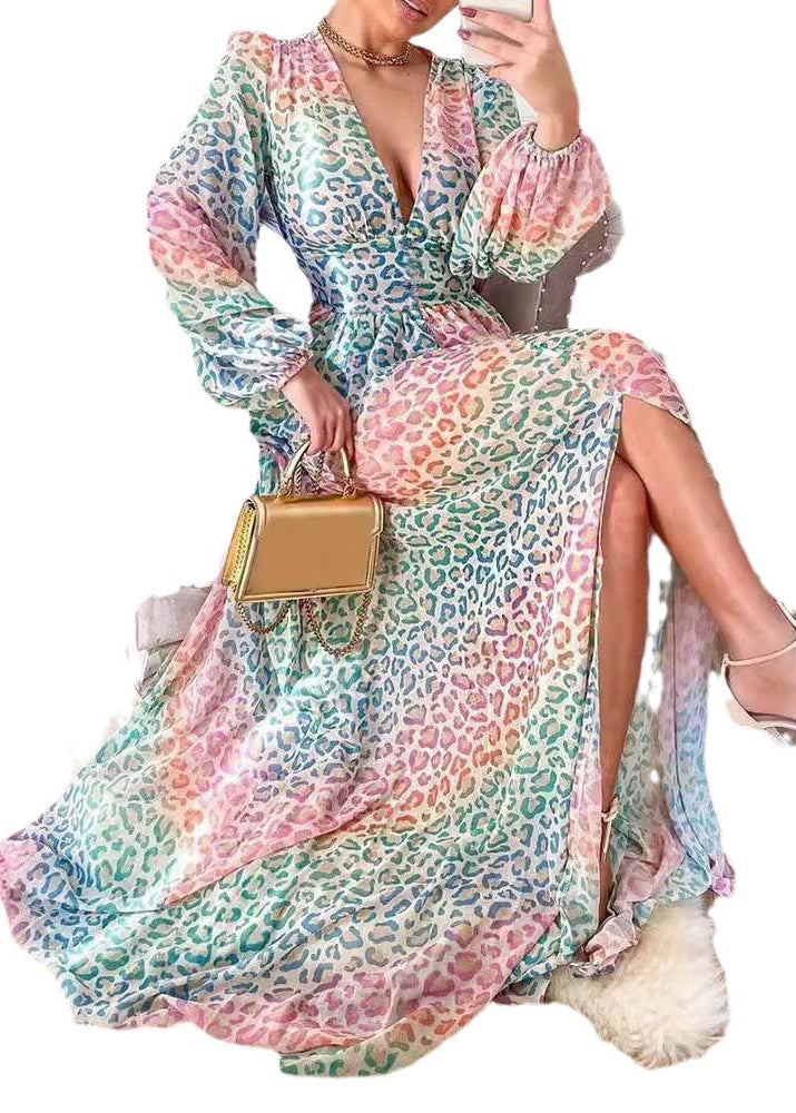 Robe longue en coton à col en V et manches lanternes élégantes à imprimé léopard QR028