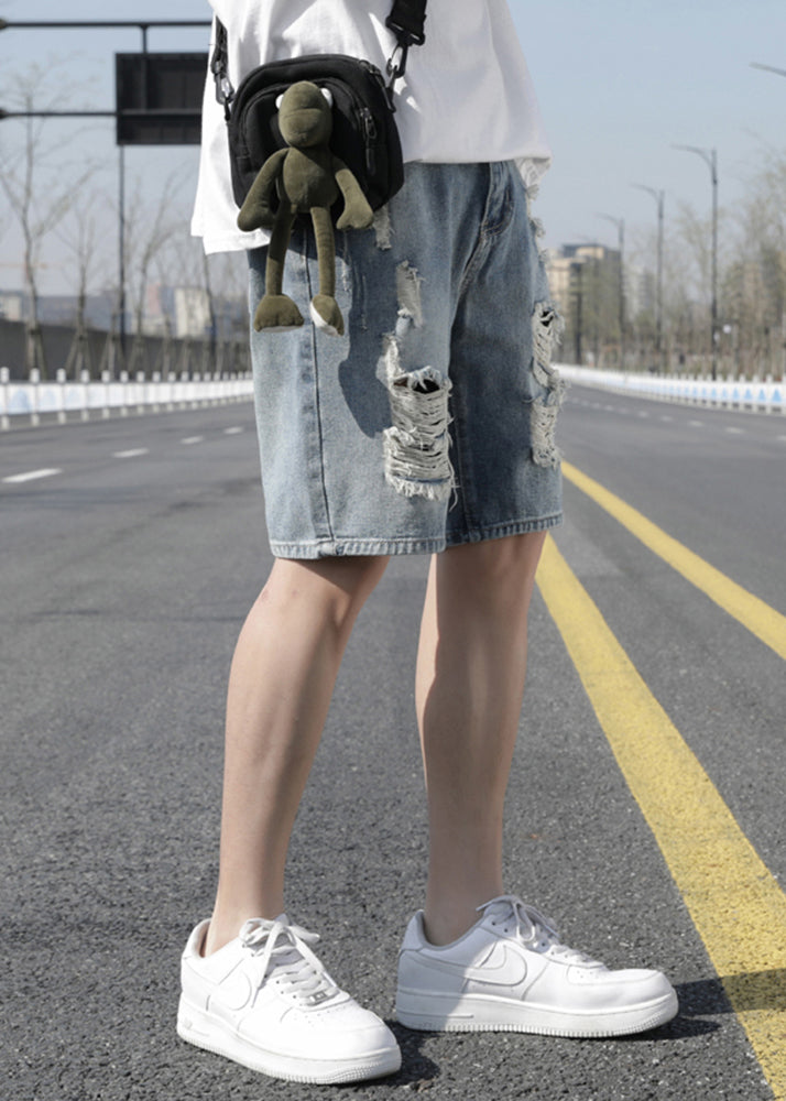 Stilvolle Hellblau Loch Hohe Taille Denim Männer Shorts Sommer YL029