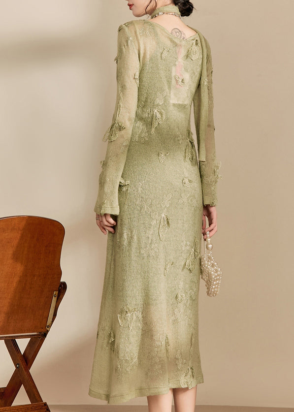 Robe longue en tricot vert clair à col rond et motif papillon, collection automne OM001
