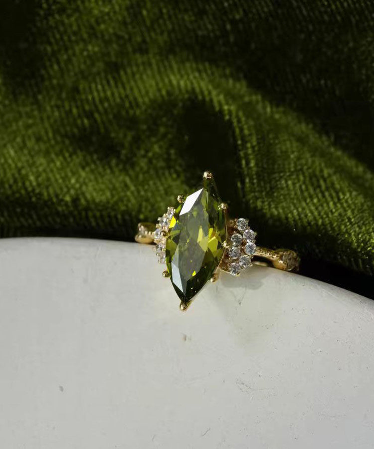 Stylish Stone Olive Rings Zircon Gem Green Copper Alloy Open
