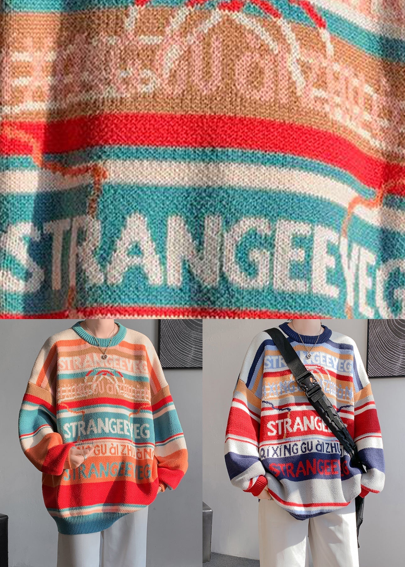 Pull rayé orange élégant à col rond pour homme, idéal pour l'hiver, RC032