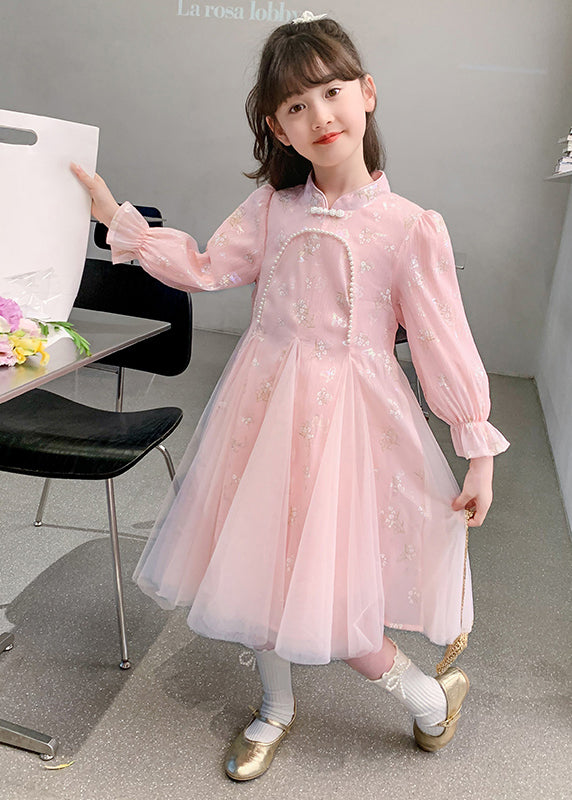 Kids Long Bead Sleeve Stylish Nail Dresses Pink Floral Tulle