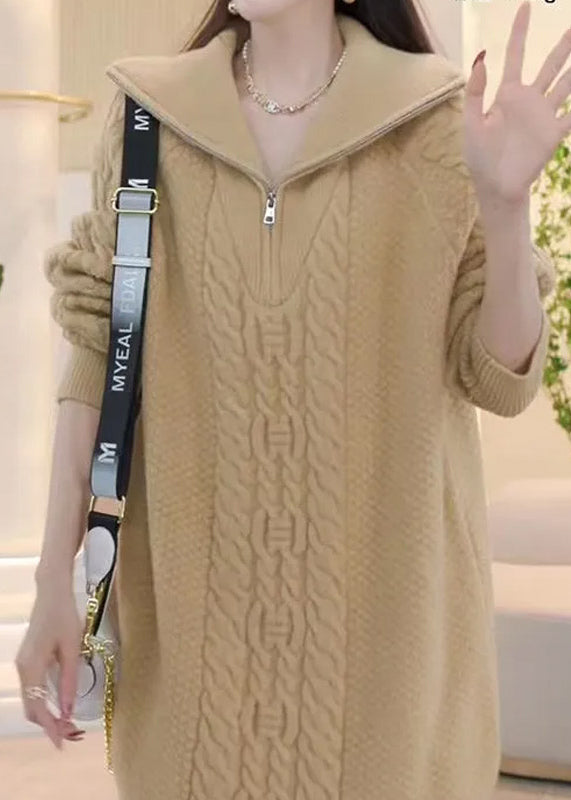Robe élégante en maille torsadée rose à fermeture éclair et patchwork, hiver RF005