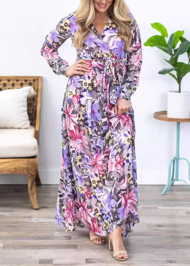 Stilvolle Lila Print Krawatte Taille Chiffon Maxi Kleid Langarm AU1030