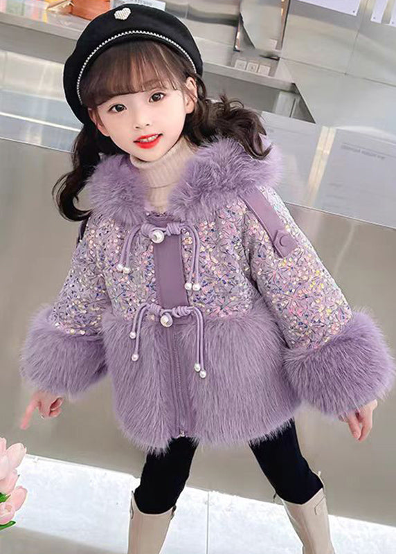 Stilvolle Lila Pailletten Patchwork Mädchen Kapuzenparka Winter WL028