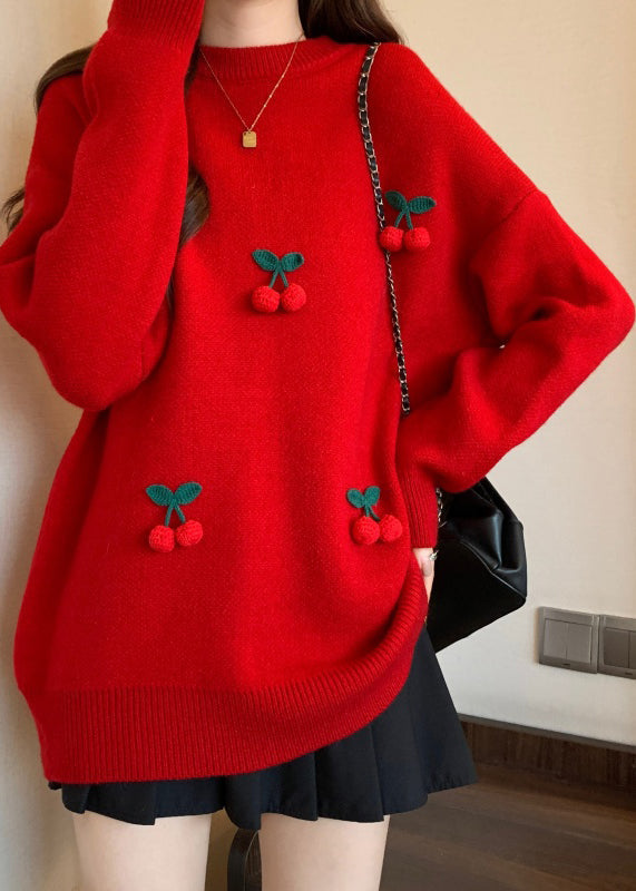 Stilvoller roter Strickpullover mit Rundhalsausschnitt und Kirschverzierung, Winter RG023