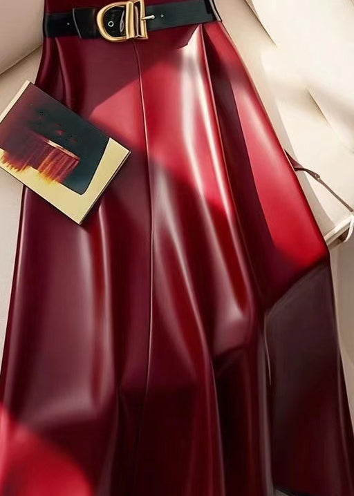 Stilvolle rote Schärpen solide hohe Taille Faux Leder Röcke Winter RK019