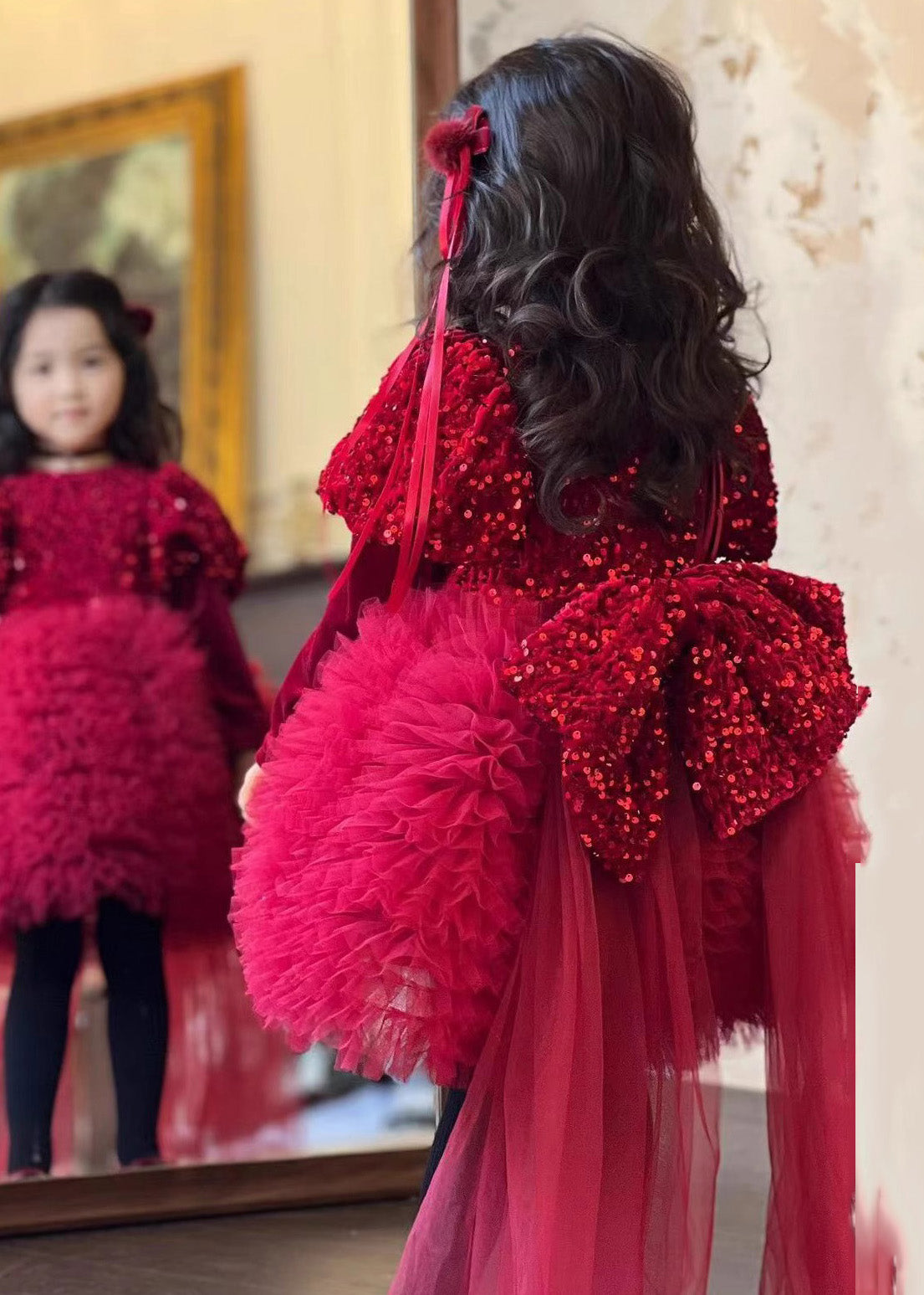 Stilvolles rotes Seidenvelours-Pailletten-Tüll-langes Kinderkleid Winter RP031