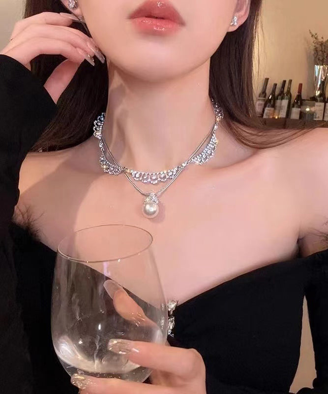 Collier élégant avec pendentif en argent sterling et zircons, double couche de perles, YD005