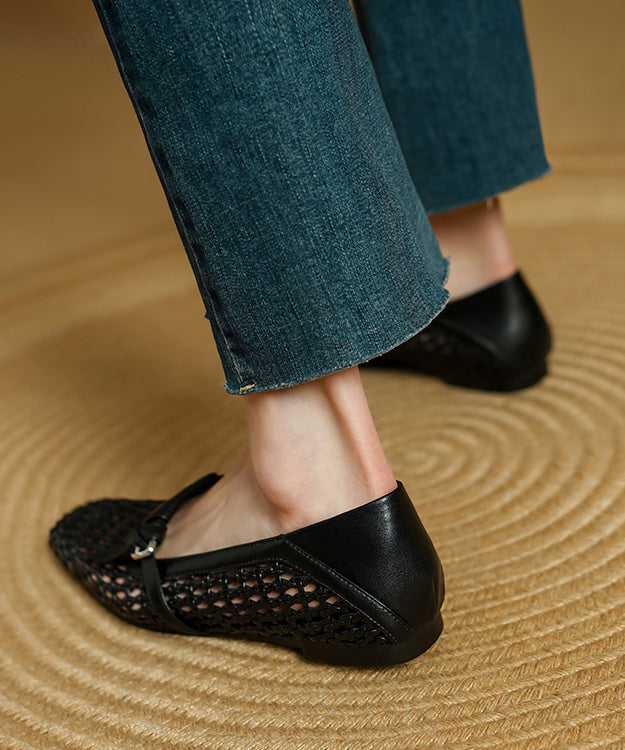 Cowhide Splicing Stylish Leather Women Loafers For Black