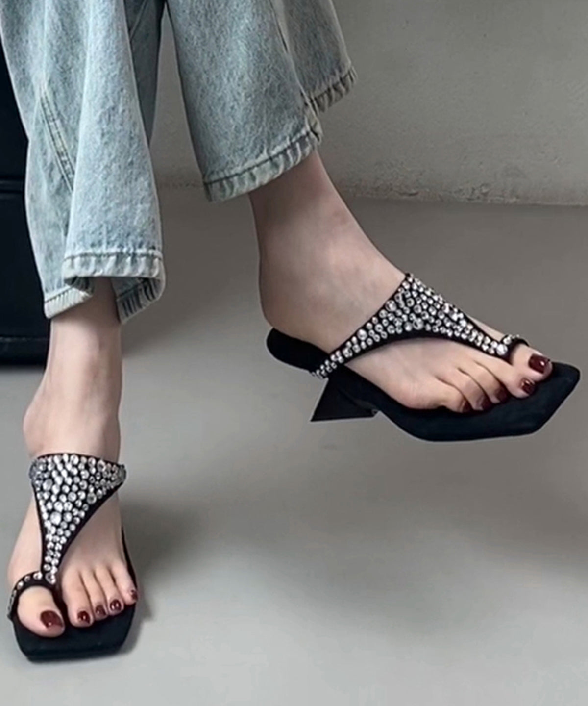 Splicing Sandals Zircon Stylish Wedge Suede Thong Black