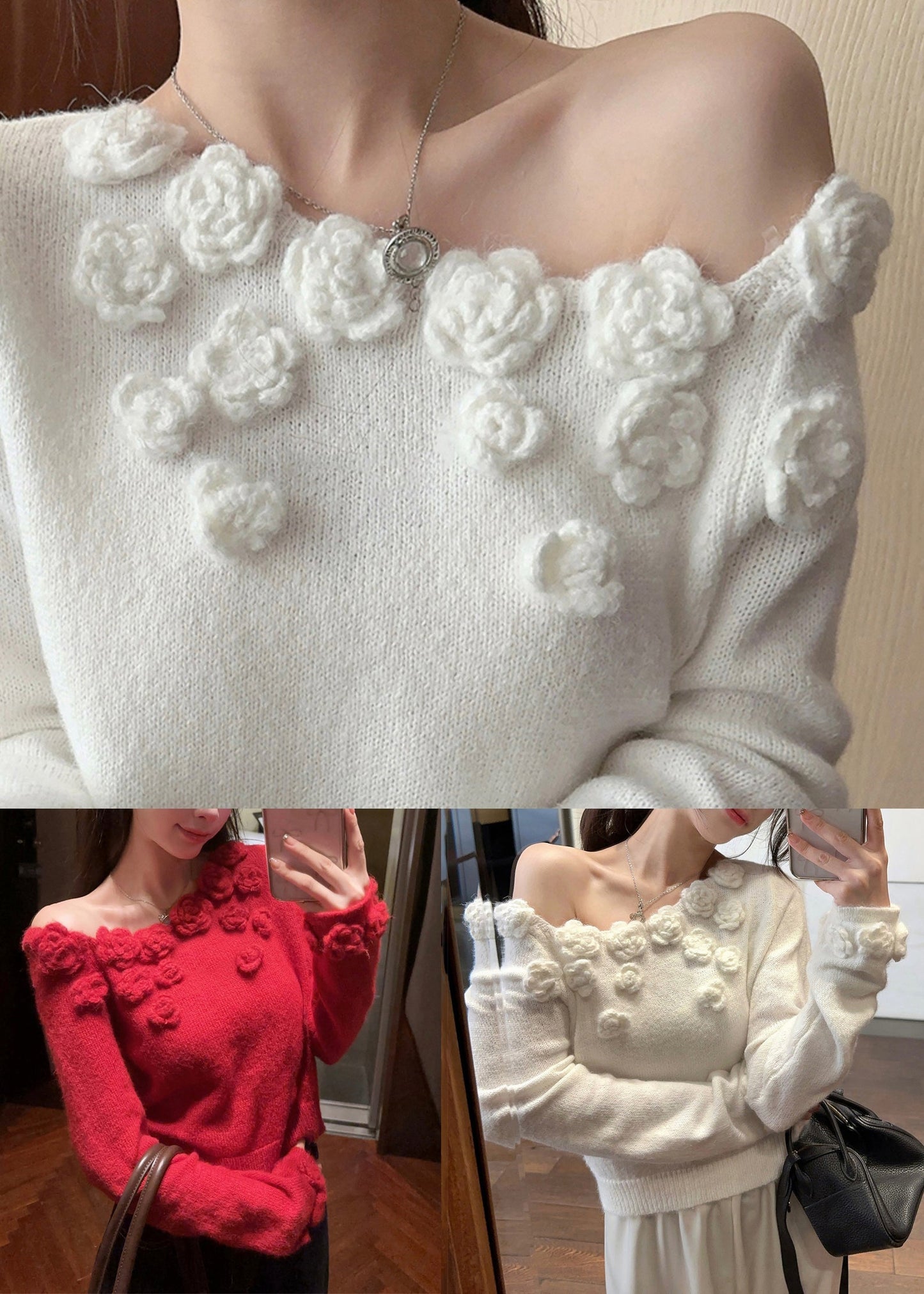 Pull élégant en tricot blanc à épaules dénudées et col uni pour l'hiver WK036