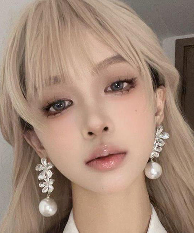 White Zircon Copper Floral Drop Earrings Pearl Overgild Stylish