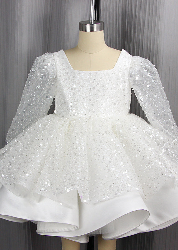 Girl White Square Collar Sequins Patchwork Tulle Kids Long Dress Spring YG001