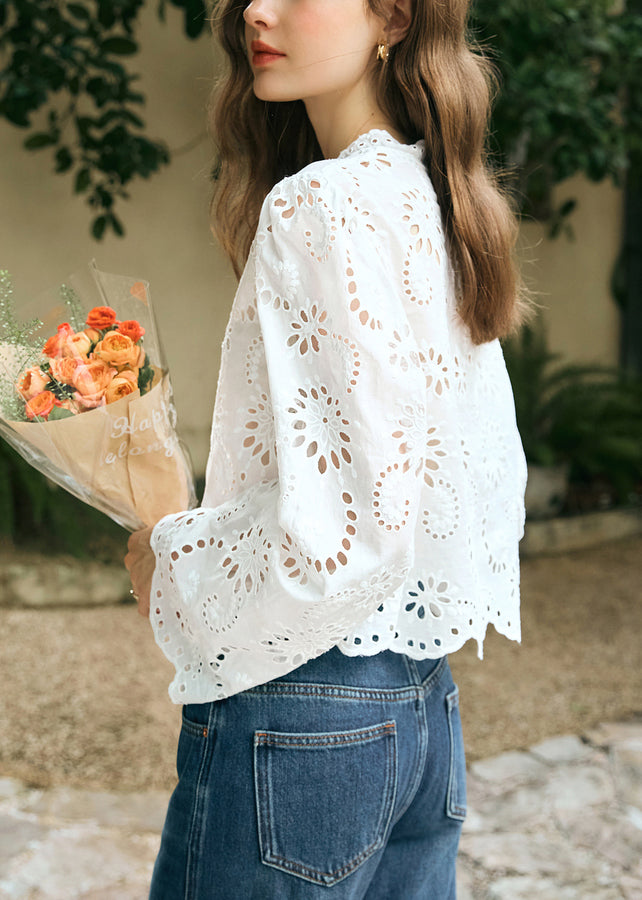 Hals Frühling Shirt Out V Spitze Baumwolle Up Weiß Stilvolle Hohl