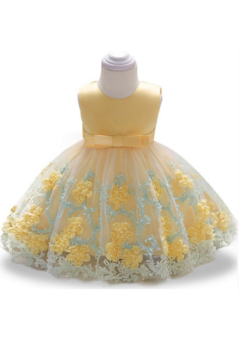 Robe longue jaune élégante à col rond et broderie florale en tulle pour fille, été YS031