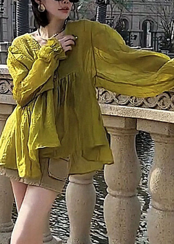 Stylish Yellow V Neck Patchwork Silk Cotton Shirt Lantern Sleeve BV036