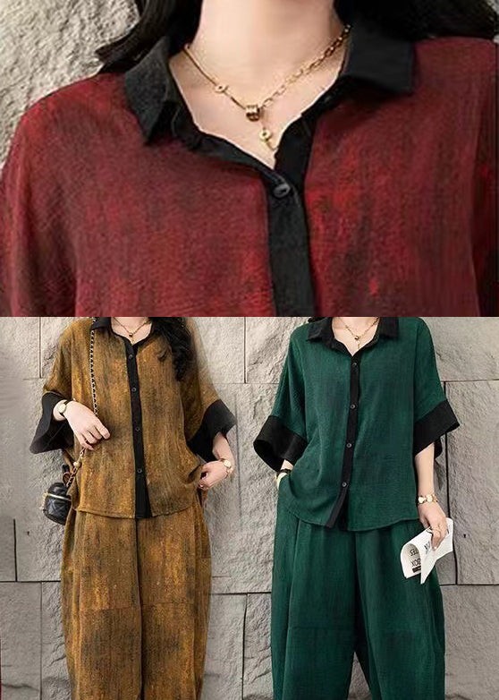 Ensemble de costume d'été en coton teint vert à deux cravates surdimensionnées