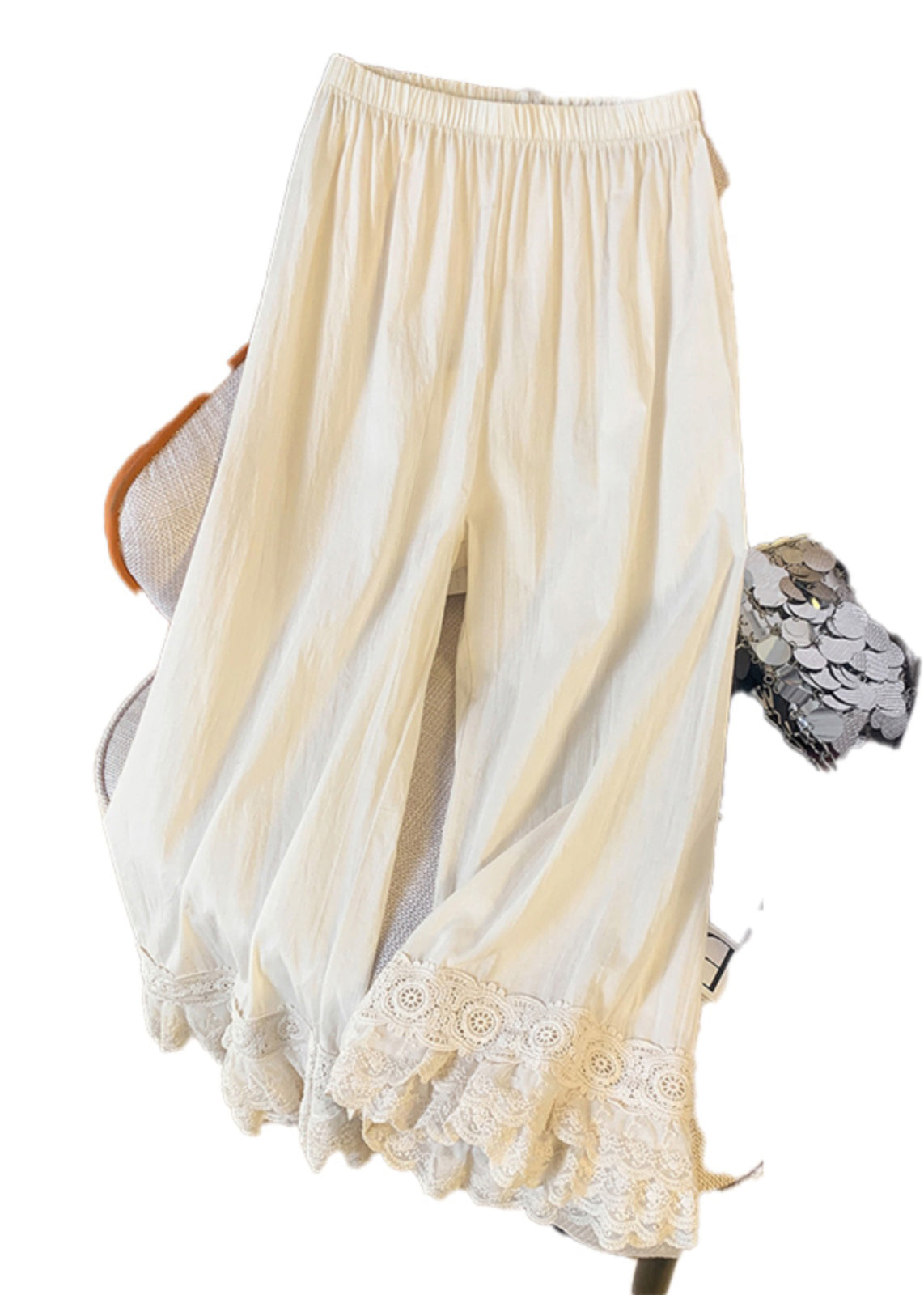 Unique Pants Patchwork Lace Elastic Straight Beige Summer Waist