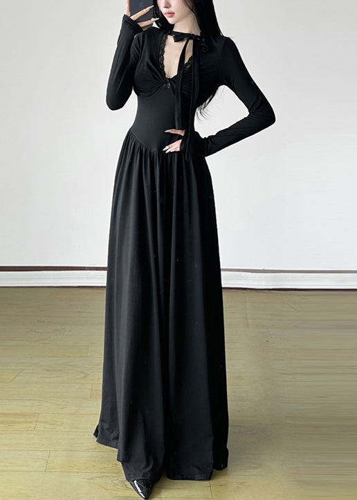 Einzigartiges schwarzes V-Ausschnitt-Kleid mit extra großem Saum, langes Frühlingskleid, YP006