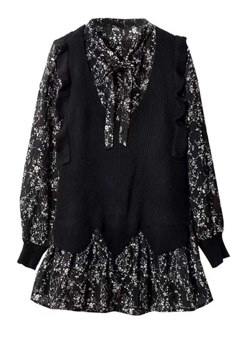 Robe col V imprimé noir en mousseline de soie unique printemps mi-longue