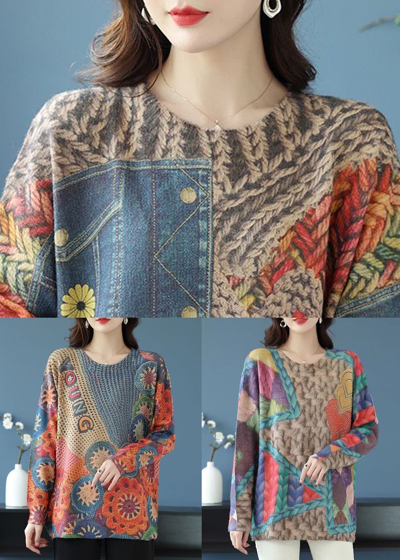 Pull en laine à manches longues, imprimé bleu unique et confortable, TB027