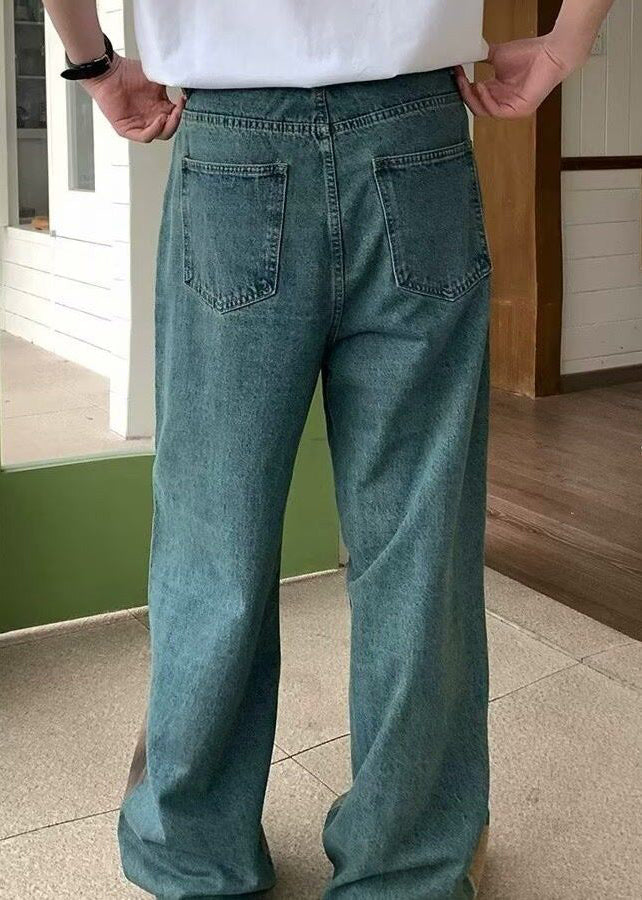 Wide Pockets Waist High Men Denim Print Blue Leg Unique Pants