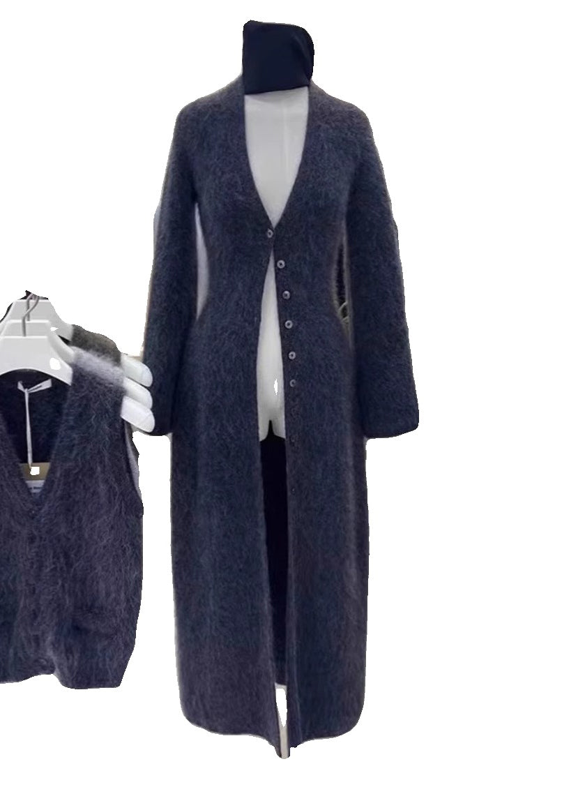 Einzigartige braune Strickjacke mit V-Ausschnitt und Knöpfen aus Nerzhaar, Herbst, RL009