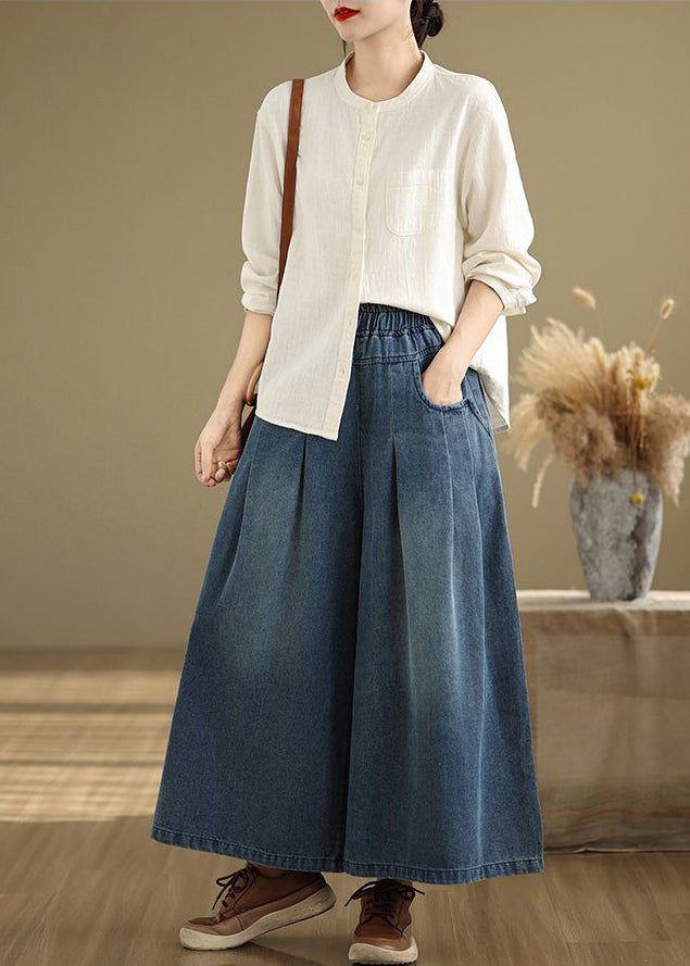 Navy Elastic Waist Summer Leg Wide Pants Unique Wrinkled Denim