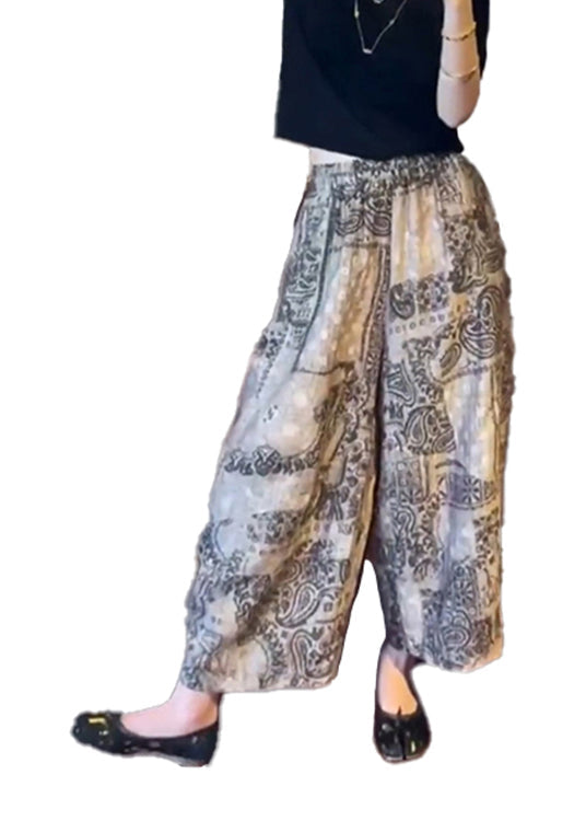 Pantalon d'été en coton élastique à taille large et imprimé unique