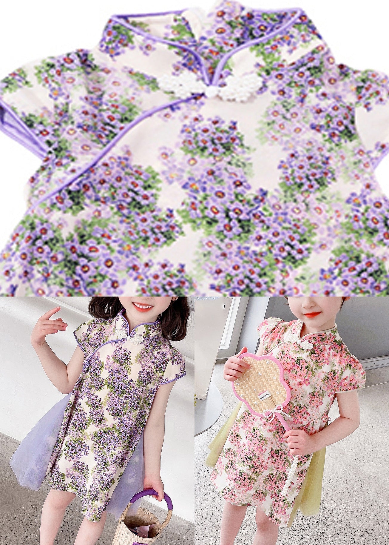 Unique Purple Stand Collar Print Girls Mid Dress Summer GF018
