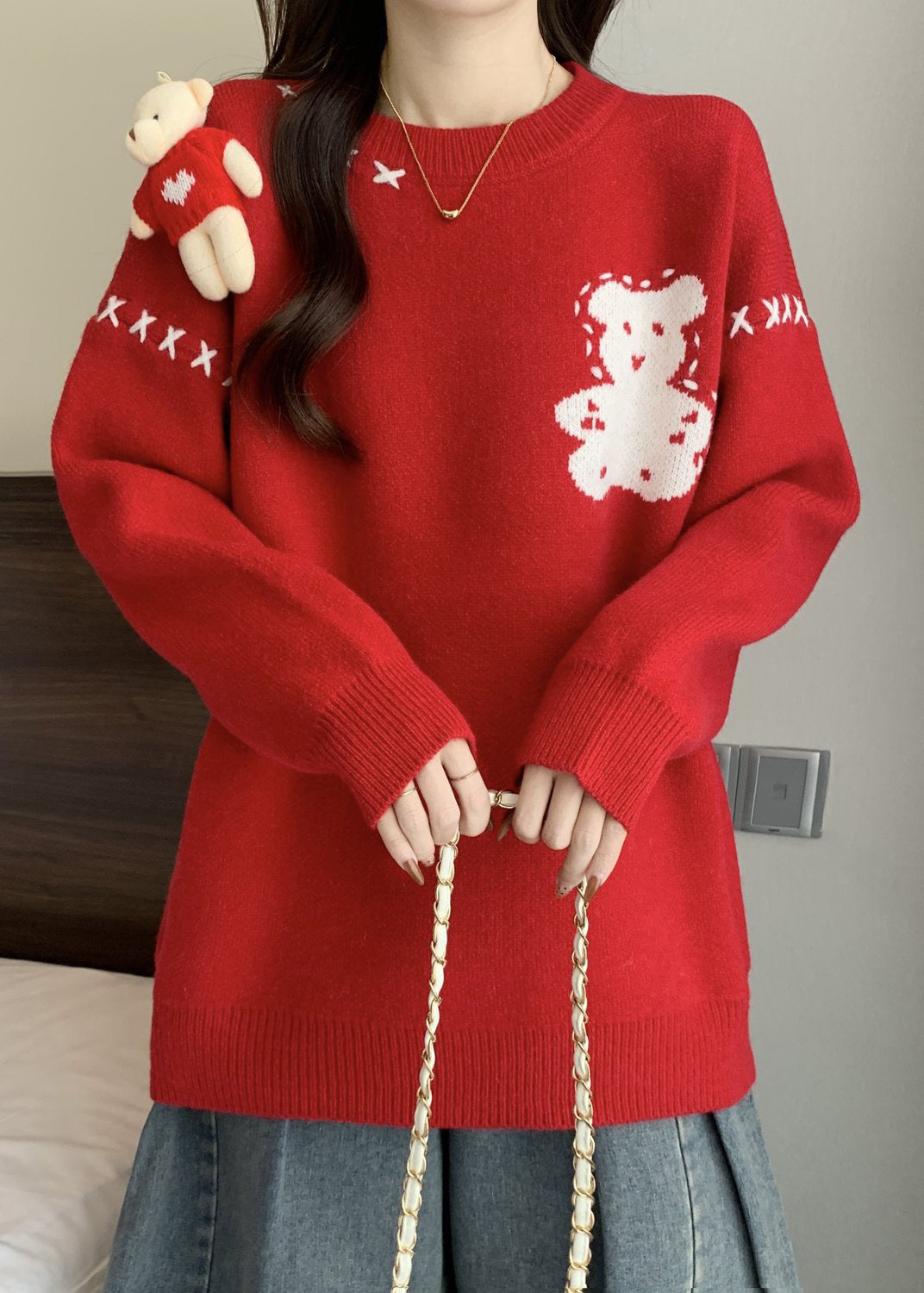 Einzigartige Rot O Neck Cartoon Patchwork Gestrickte Pullover Winter RG042