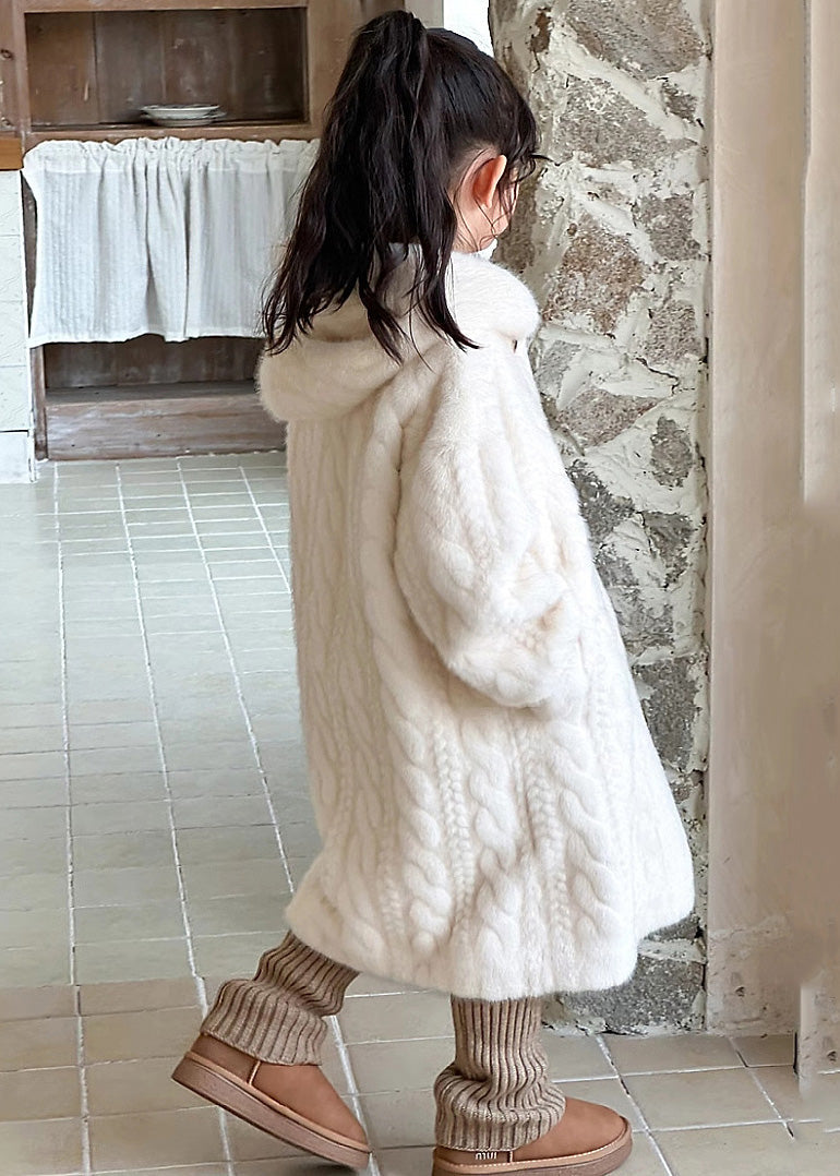 Unique Weißer Knopf Kinder Nerz Samt Maxi Kapuzenmantel Winter TG017