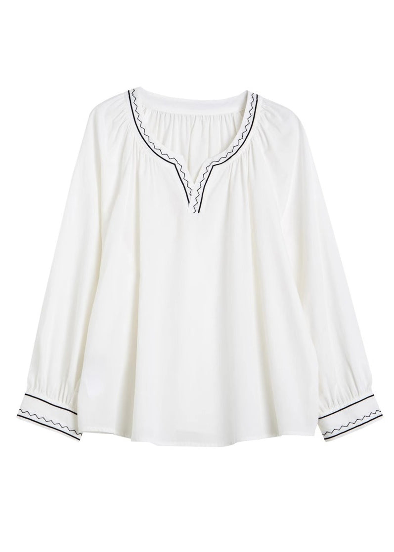 Unique White V Neck Embroidered Patchwork Shirts Fall WW057