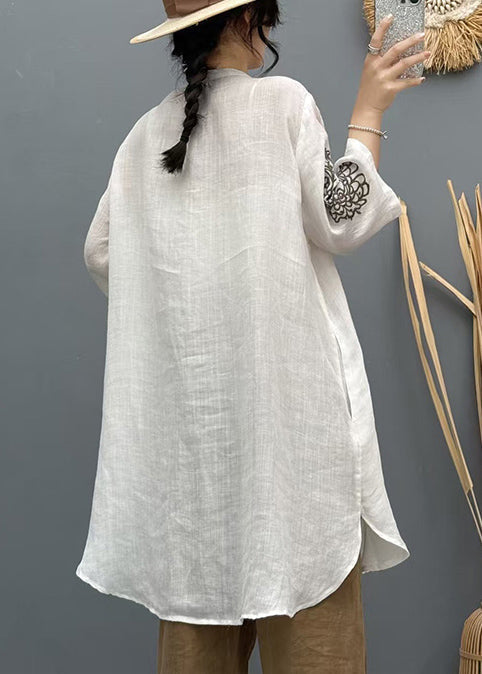 Summer Shirt Linen Apricot Embroidered Vintage Long