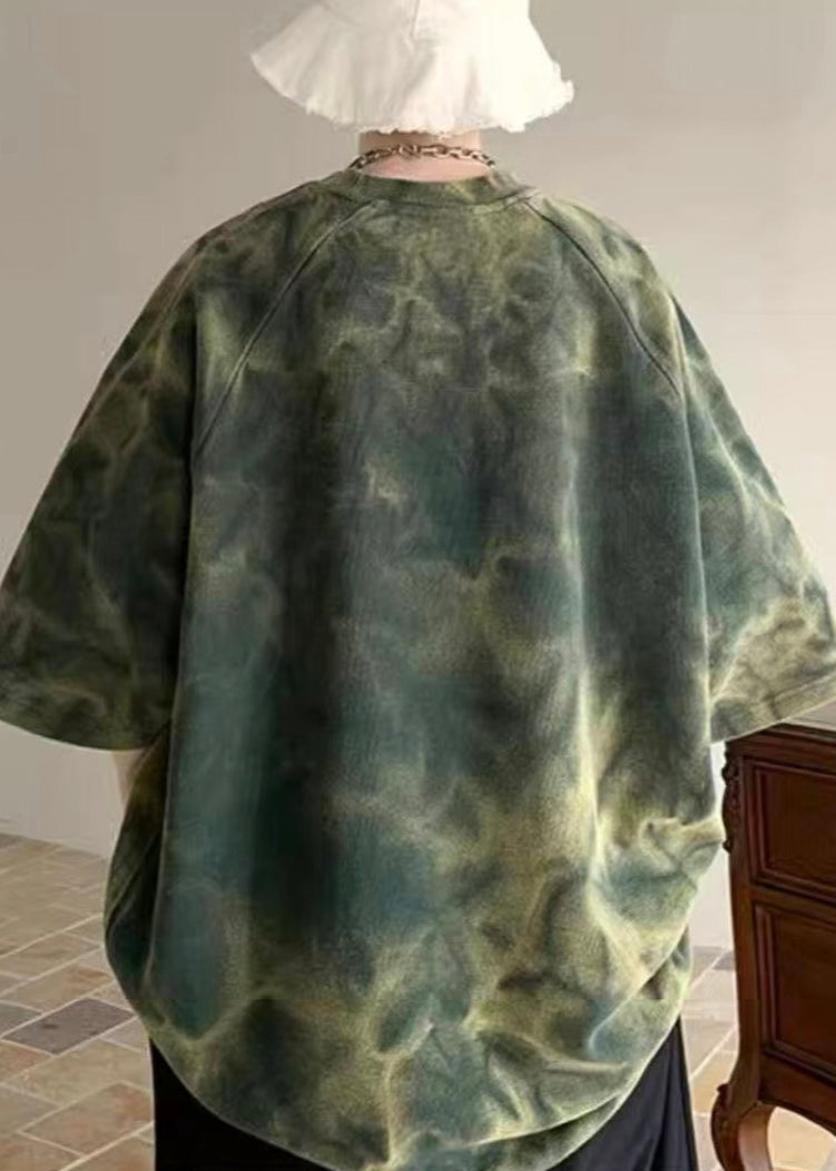Half Dye Mens Tie O-Neck Army Green Vintage Shirt Cotton Sleeve T