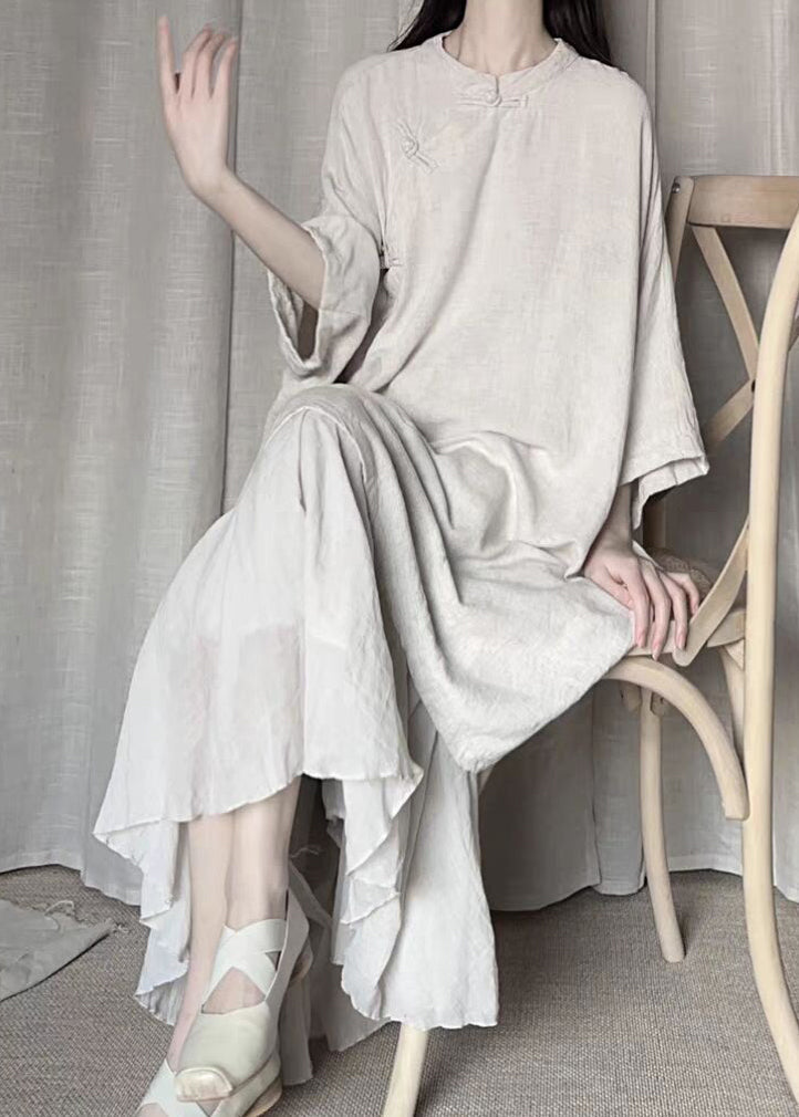 Robe longue vintage beige à col montant et boutons orientaux en lin, manches bracelet, RU032