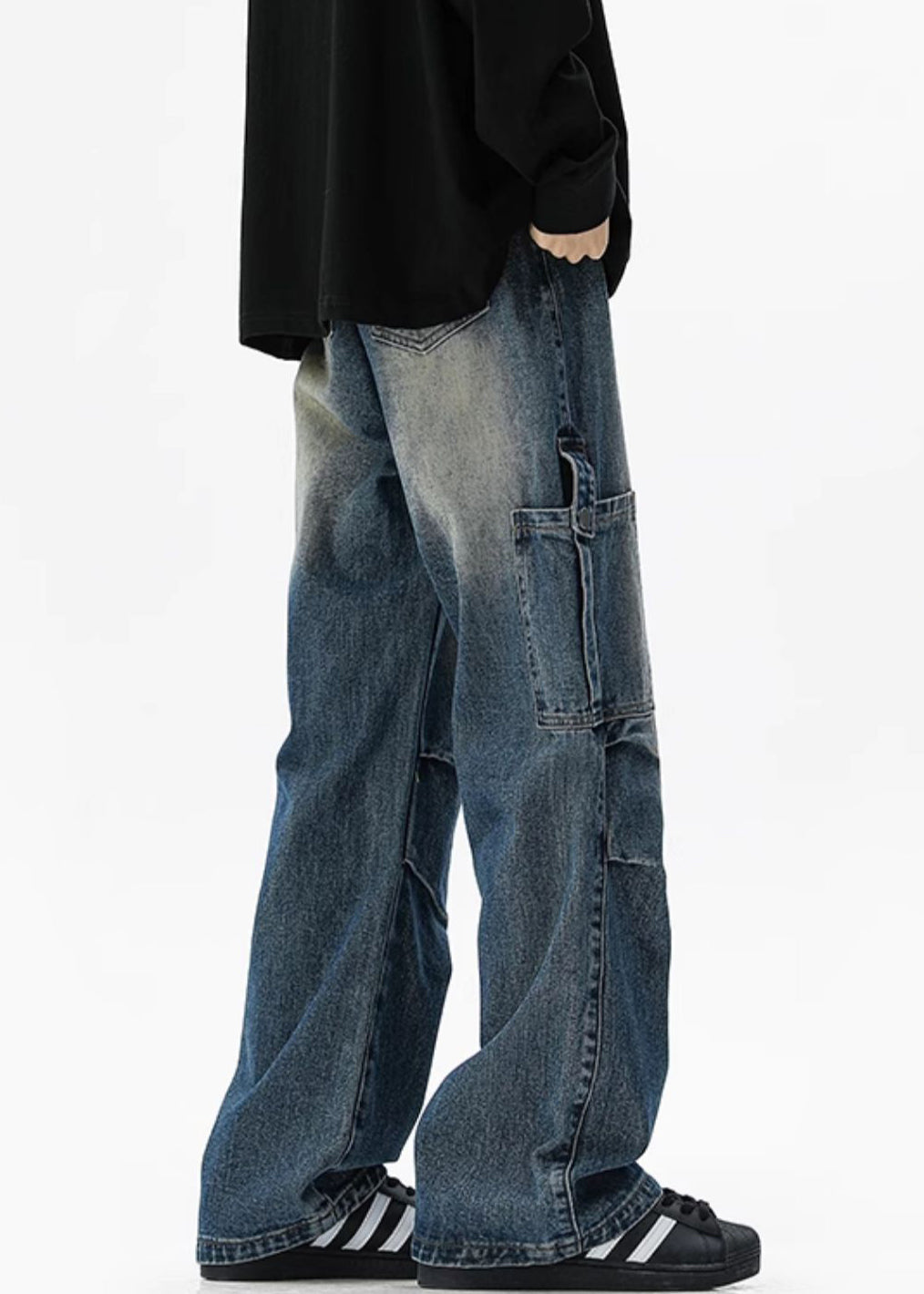 Taschen Hohe Vintage Frühling Blau Denim Taille Herren Hosen