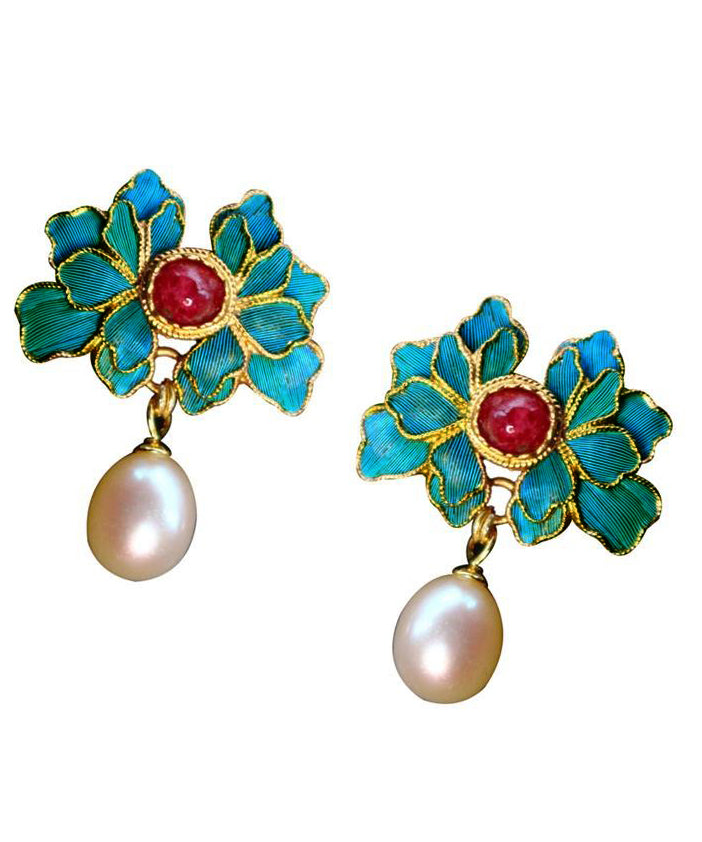 Vintage Blaue Sterling Silber Overgild Perle Cloisonné Achat Tropfen Ohrringe TS021