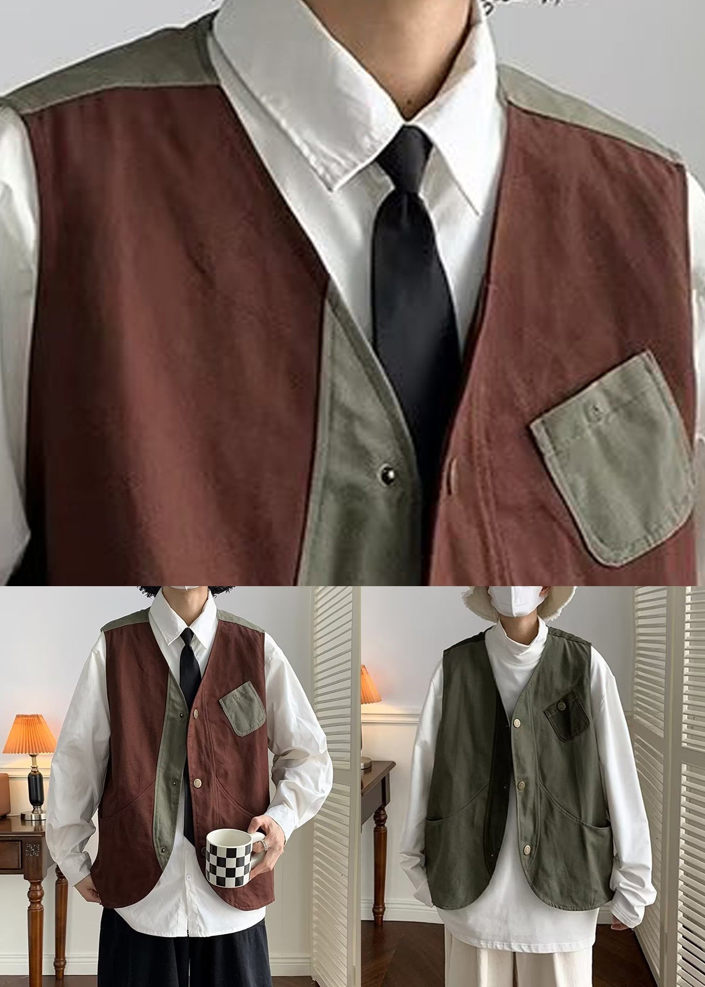Vintage Coffee V Neck Patchwork Cotton Men Waistcoat Spring RN005