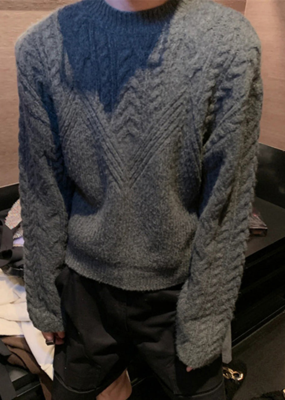 Pull vintage gris foncé à col rond et maille torsadée épaisse pour homme, printemps TK005