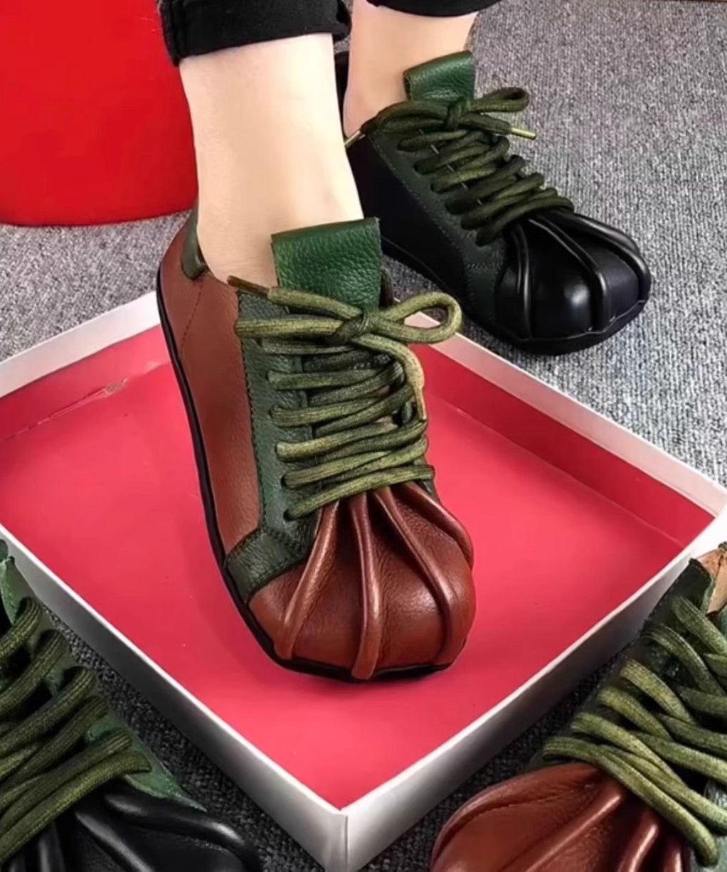 Flache Spitze Grün Up Rindsleder Leder Spleißen Vintage Schuhe