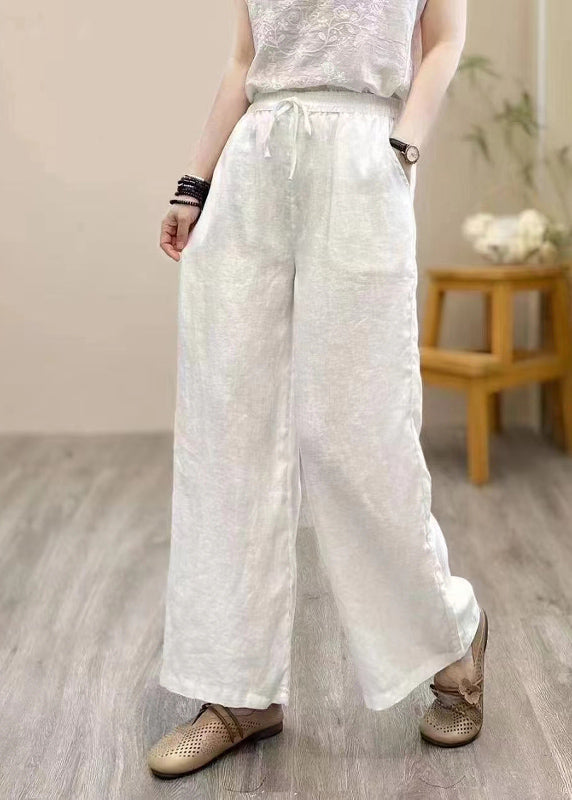 Pants Linen Straight Elastic Khaki Waist Summer Vintage