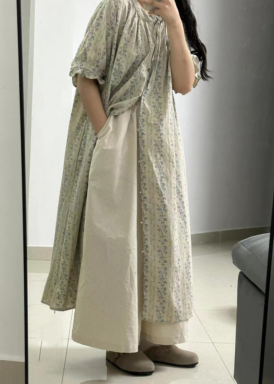 Vintage Hellgrün Druckknopf Lange Hemden Kleid und Röcke Zweiteiler Set Kurzarm GH1034