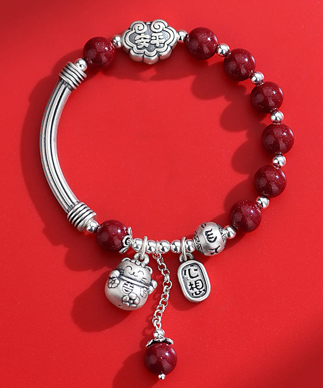 Bracelet à breloques en argent sterling et cinabre vintage KX1048